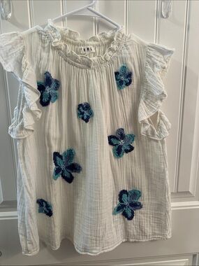 THML White Girls' Top with Blue & Teal Floral Appliqués